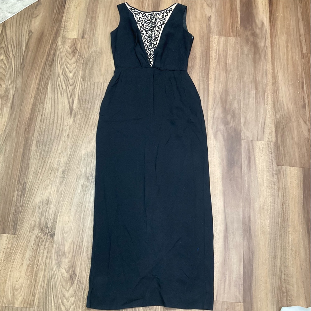 Vintage 1950s Sleeveless Black Maxi Dress with Lace-Inset Bodice Chic